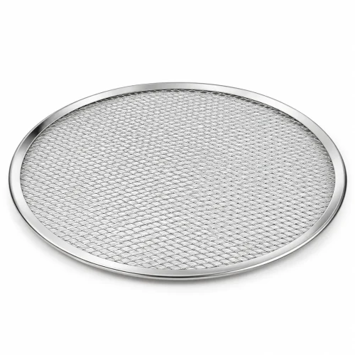 Close-up of commercial aluminum pizza screen mesh and seamless rim